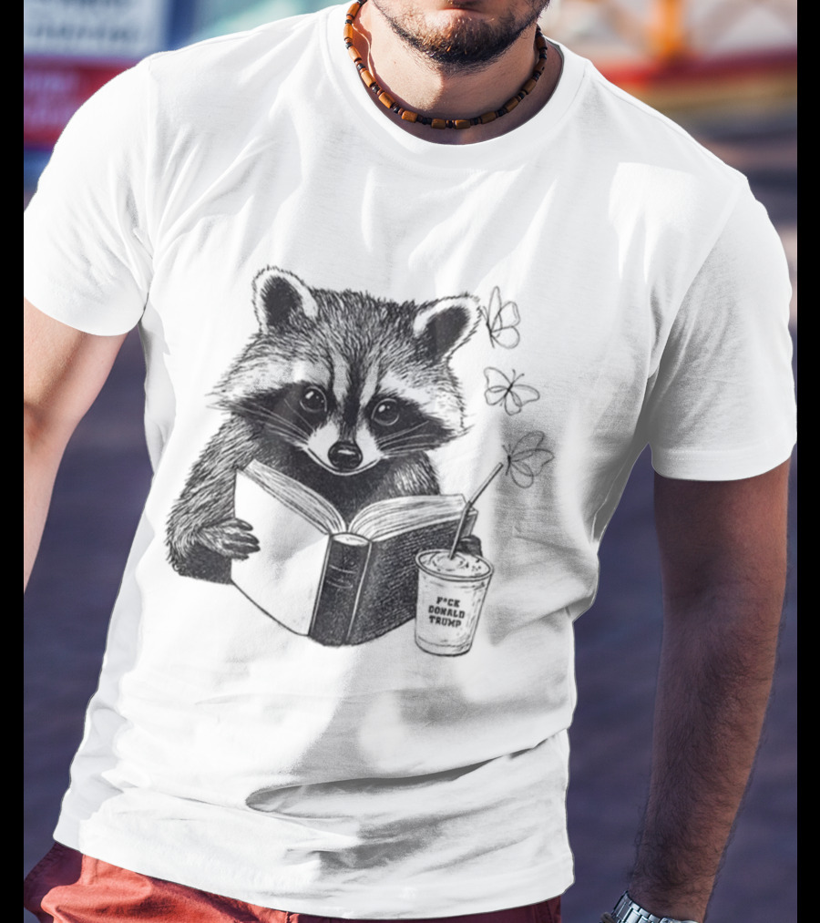 Raccoon Reading Book Coffee Cup Cozy Subtle Anti-Trump T-Shirt