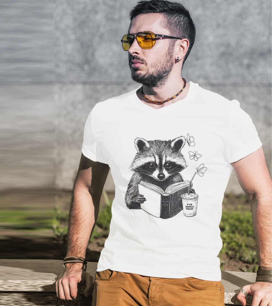 Raccoon Reading Book Coffee Cup Cozy Subtle Anti-Trump T-Shirt