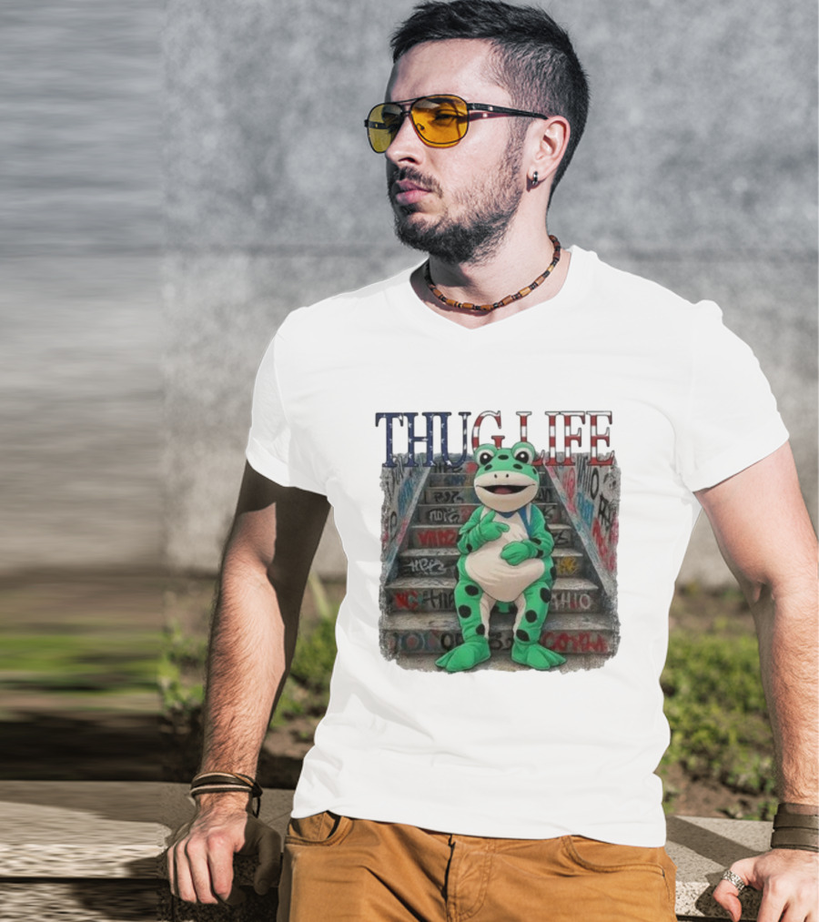 Thug Life Frog Costume Graffiti Stairs Protest Imagery T-Shirt