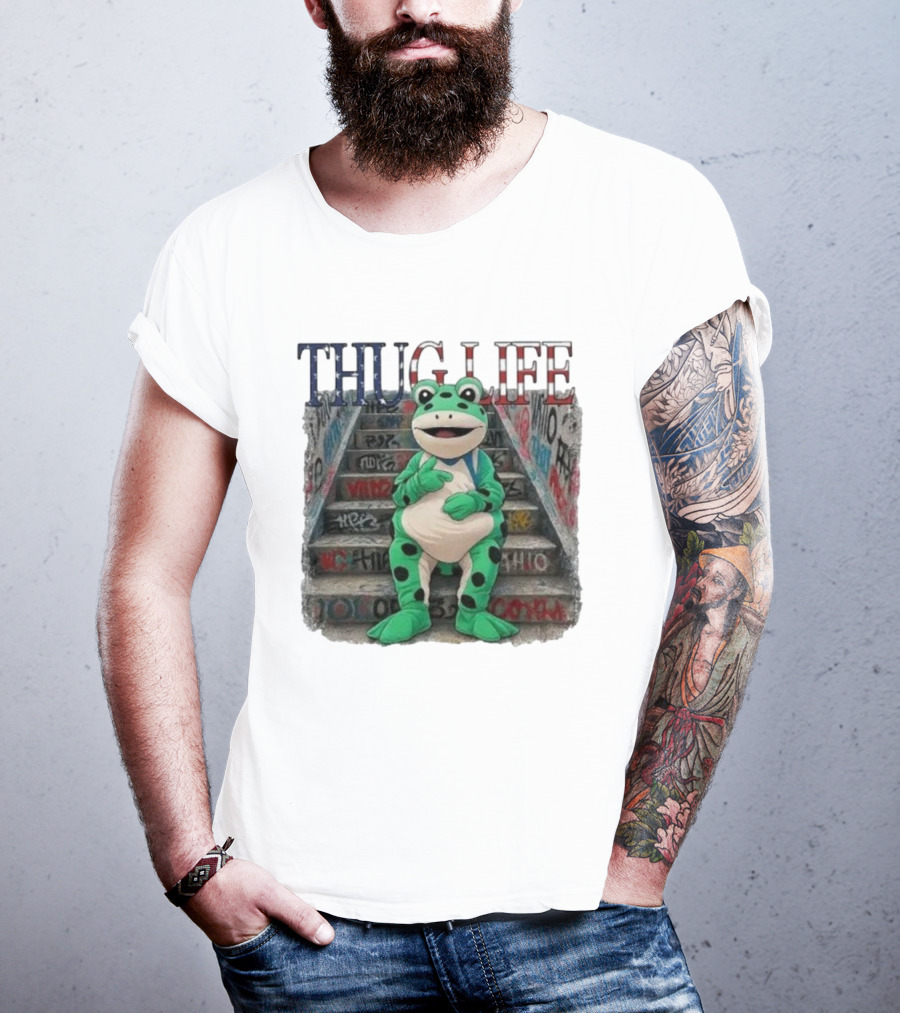 Thug Life Frog Costume Graffiti Stairs Protest Imagery T-Shirt