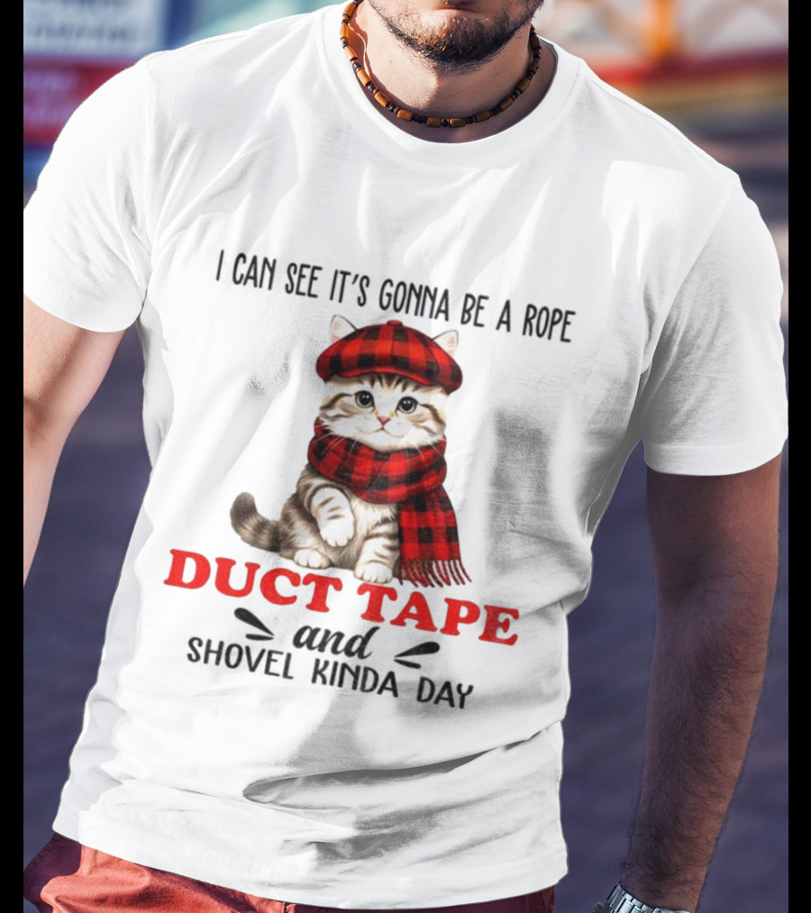 Cat In Red Plaid Hat Duct Tape Christmas T-Shirt