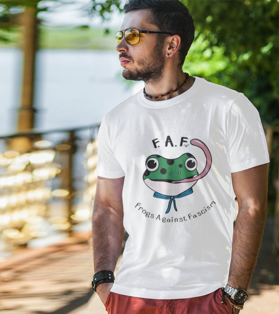 F.A.F Frogs Against Fascism Playful Green Frog With Tongue And Blue Scarf T-Shirt