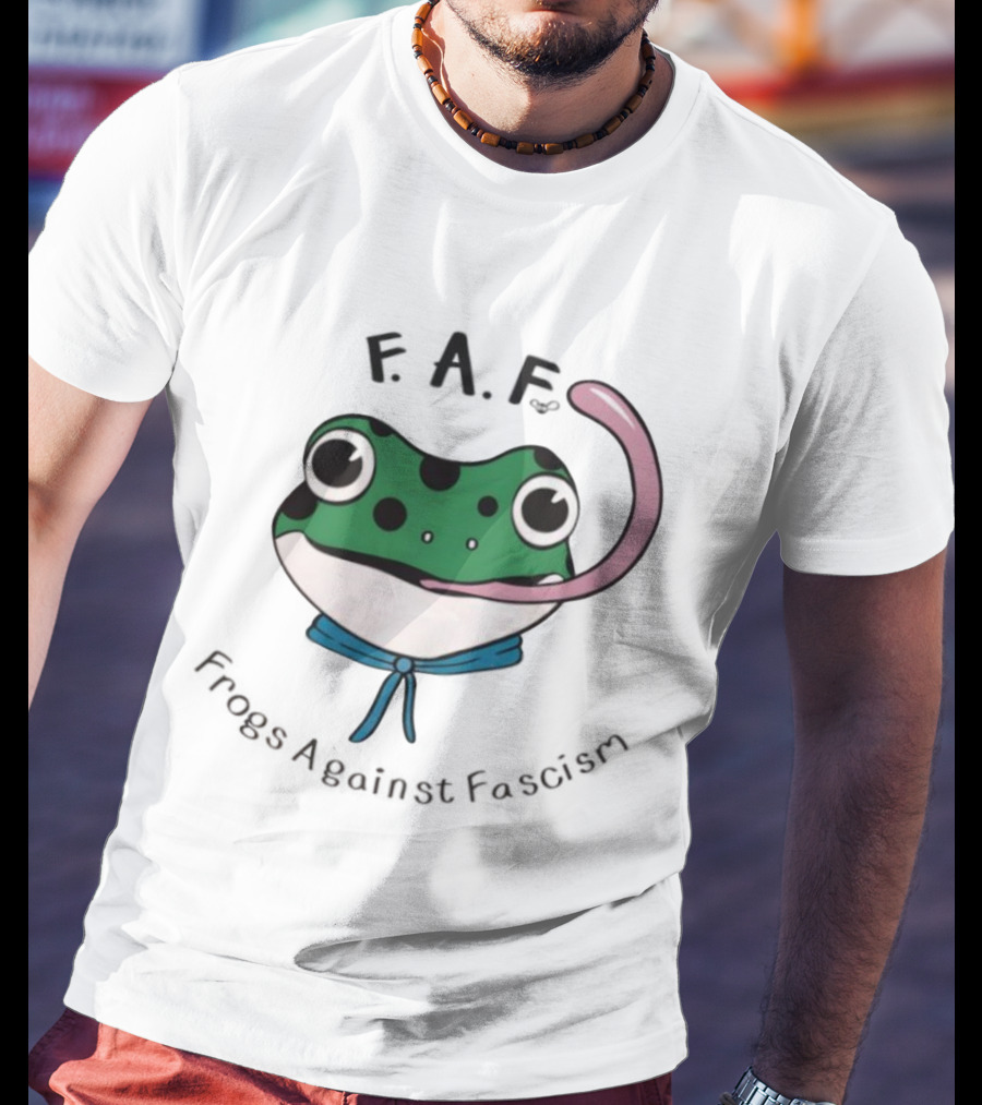 F.A.F Frogs Against Fascism Playful Green Frog With Tongue And Blue Scarf T-Shirt