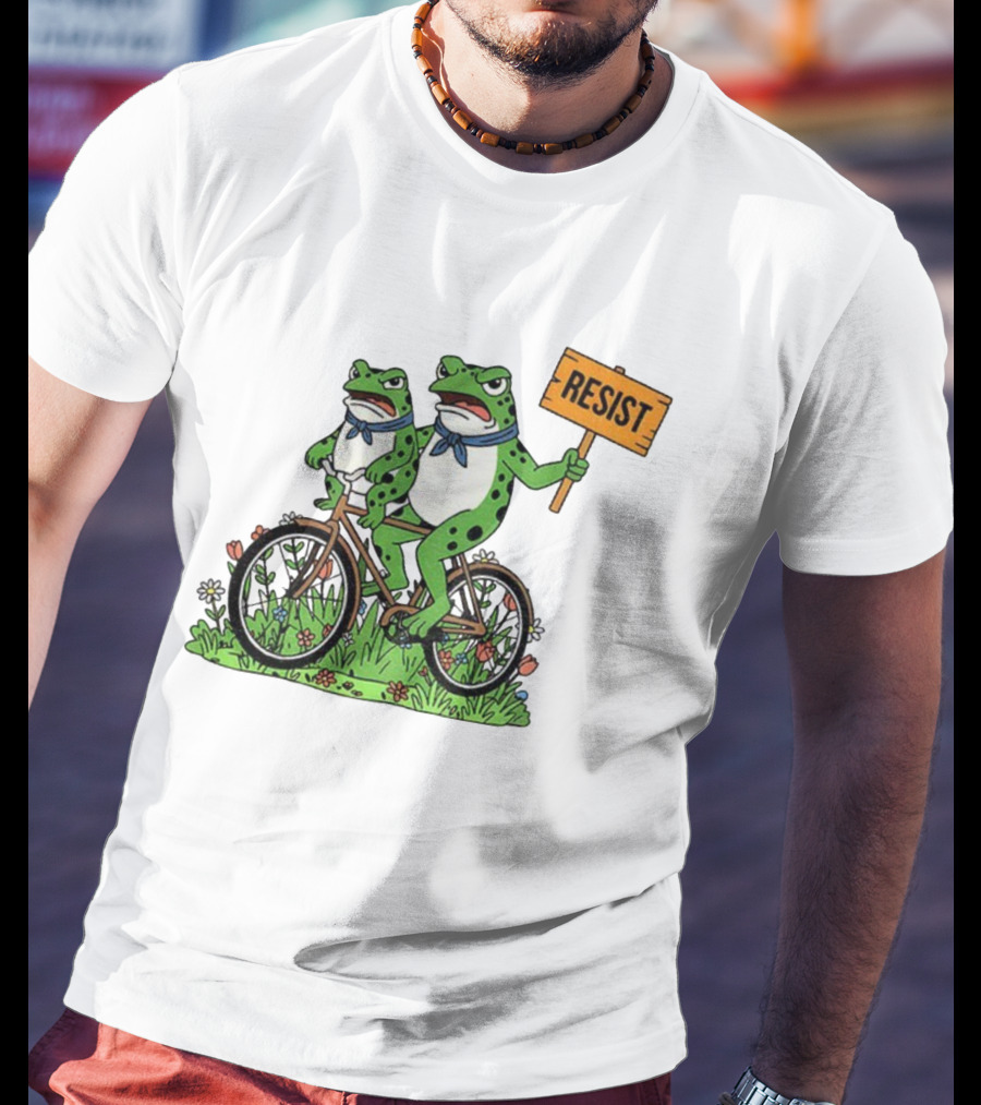 Frog On Bike Resist Protest Sign Portland Garden Scene T-Shirt