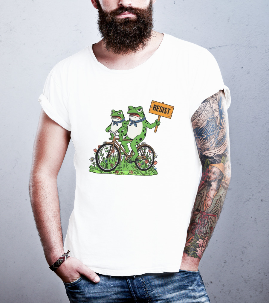 Frog On Bike Resist Protest Sign Portland Garden Scene T-Shirt