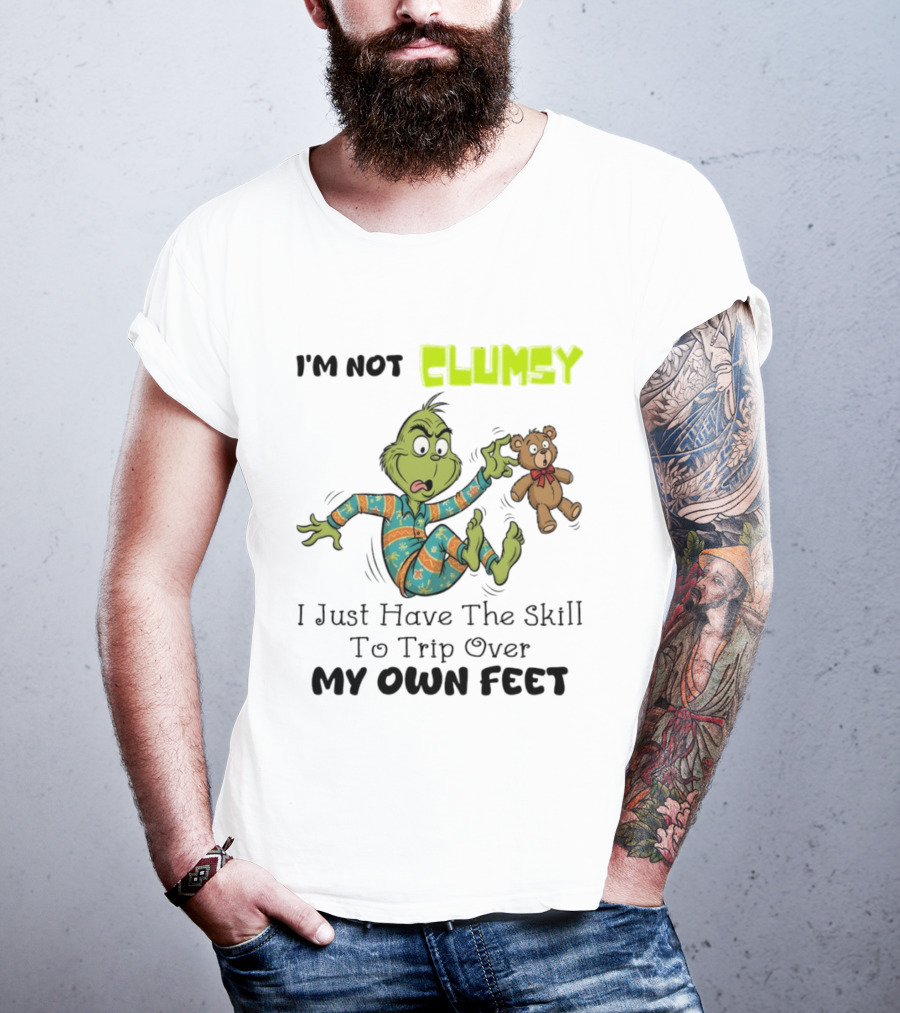 Grinch Clumsy Trip Over My Own Feet Christmas Pajamas Bear T-Shirt