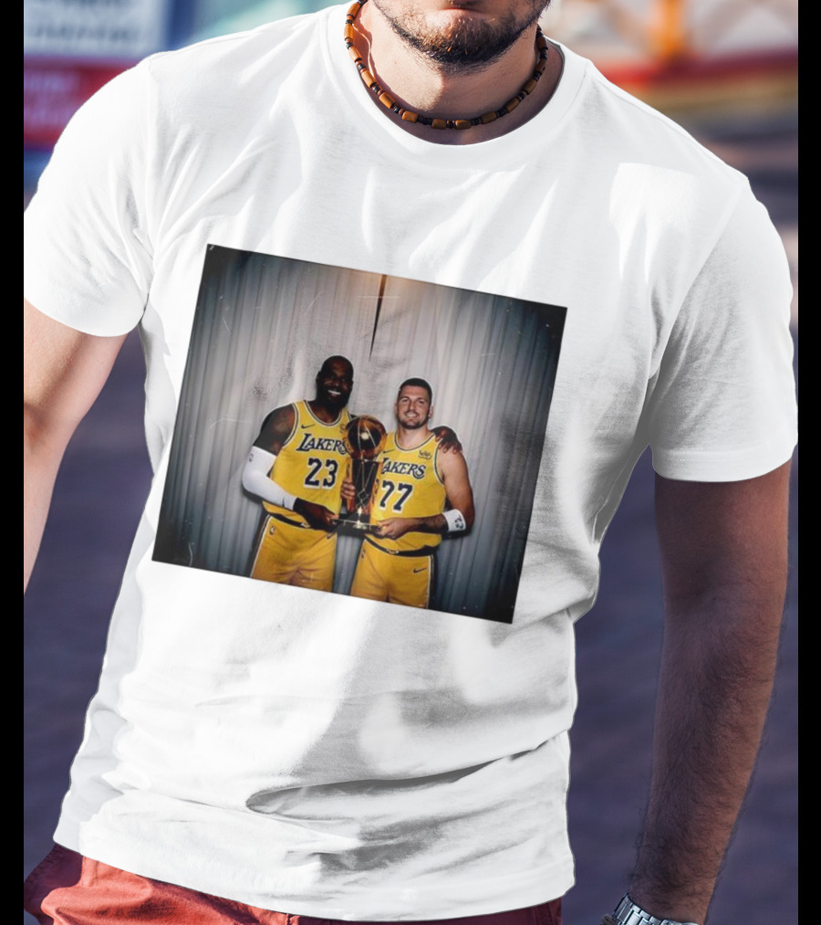 Los Angeles Lakers LeBron James Luka Dončić Holding Trophy June 2026 T-Shirt