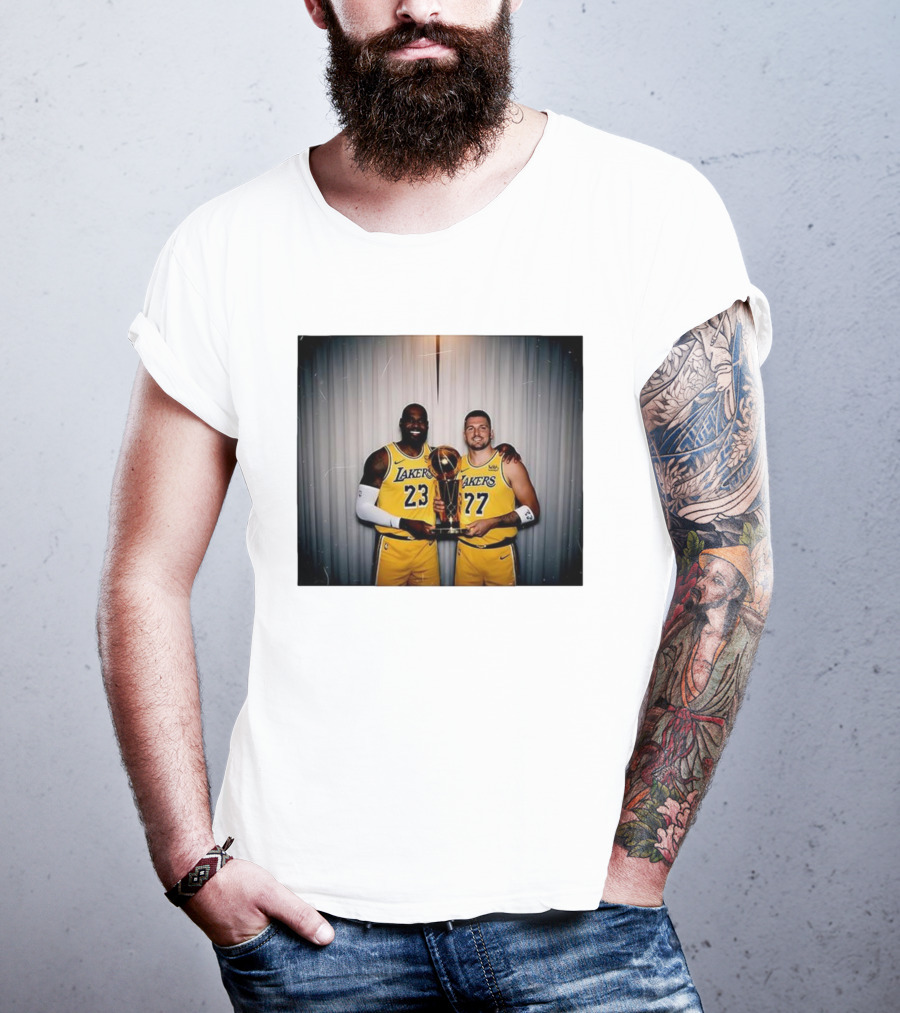 Los Angeles Lakers LeBron James Luka Dončić Holding Trophy June 2026 T-Shirt