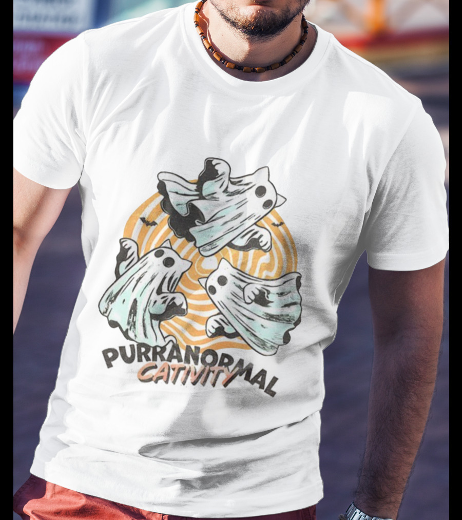 Purranormal Cativity Ghost Cat Halloween Bats Swirl Maze T-Shirt