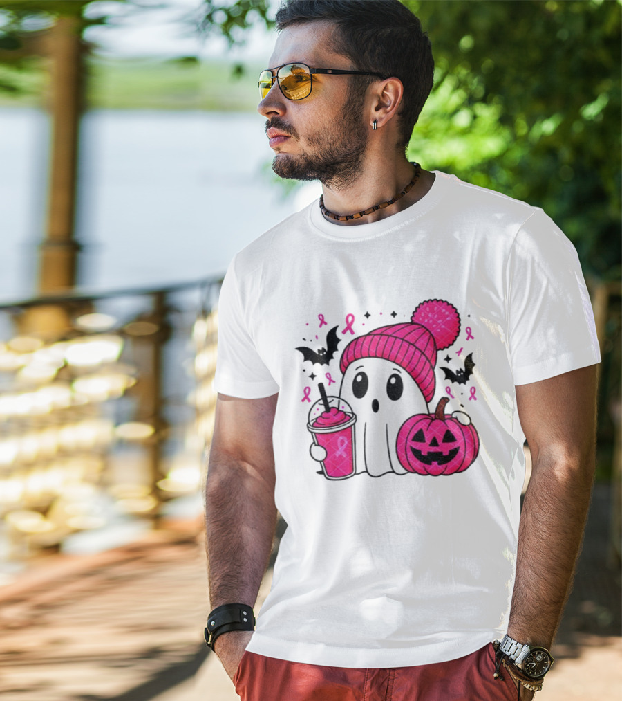 Spooky Ghost Pink Pumpkin Breast Cancer Awareness With Ribbon In October We Wear Pink T-Shirt
