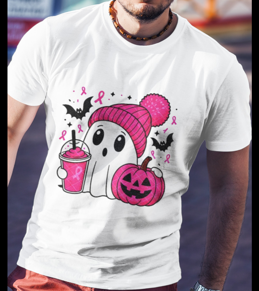 Spooky Ghost Pink Pumpkin Breast Cancer Awareness With Ribbon In October We Wear Pink T-Shirt