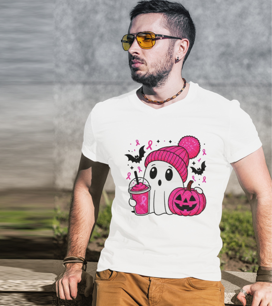 Spooky Ghost Pink Pumpkin Breast Cancer Awareness With Ribbon In October We Wear Pink T-Shirt