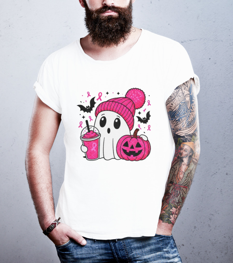 Spooky Ghost Pink Pumpkin Breast Cancer Awareness With Ribbon In October We Wear Pink T-Shirt