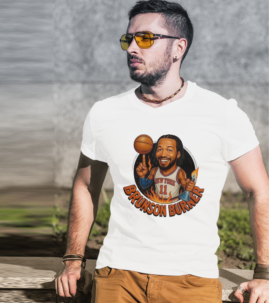 New York Knicks Brunson Burner Cartoon With Basketball And Flames T-Shirt