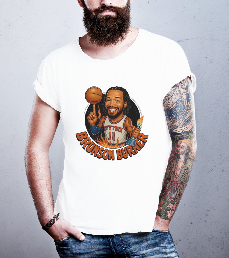 New York Knicks Brunson Burner Cartoon With Basketball And Flames T-Shirt
