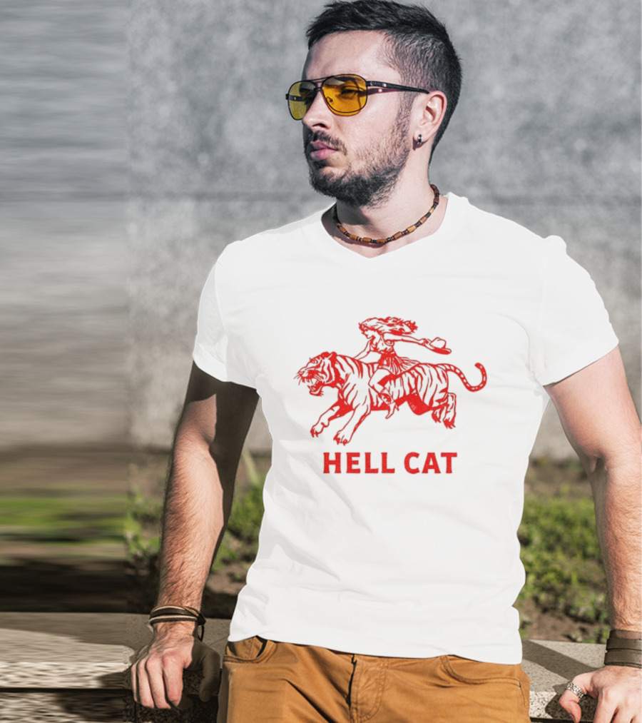 Hell Cat Vintage Cowgirl Riding Tiger Design T-Shirt