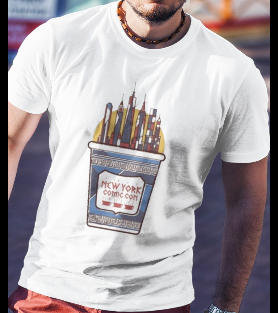New York Comic Con 2025 Coffee Cup Skyline Tower Design T-Shirt