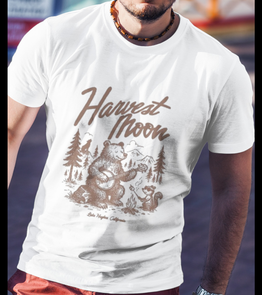 Harvest Moon Lake Hughes California Bear Forest Illustration T-Shirt