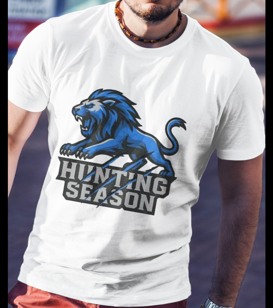 Detroit Lions Hunting Season Roaring Blue Lion NFL Fan Gear T-Shirt