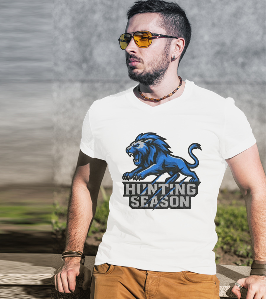 Detroit Lions Hunting Season Roaring Blue Lion NFL Fan Gear T-Shirt