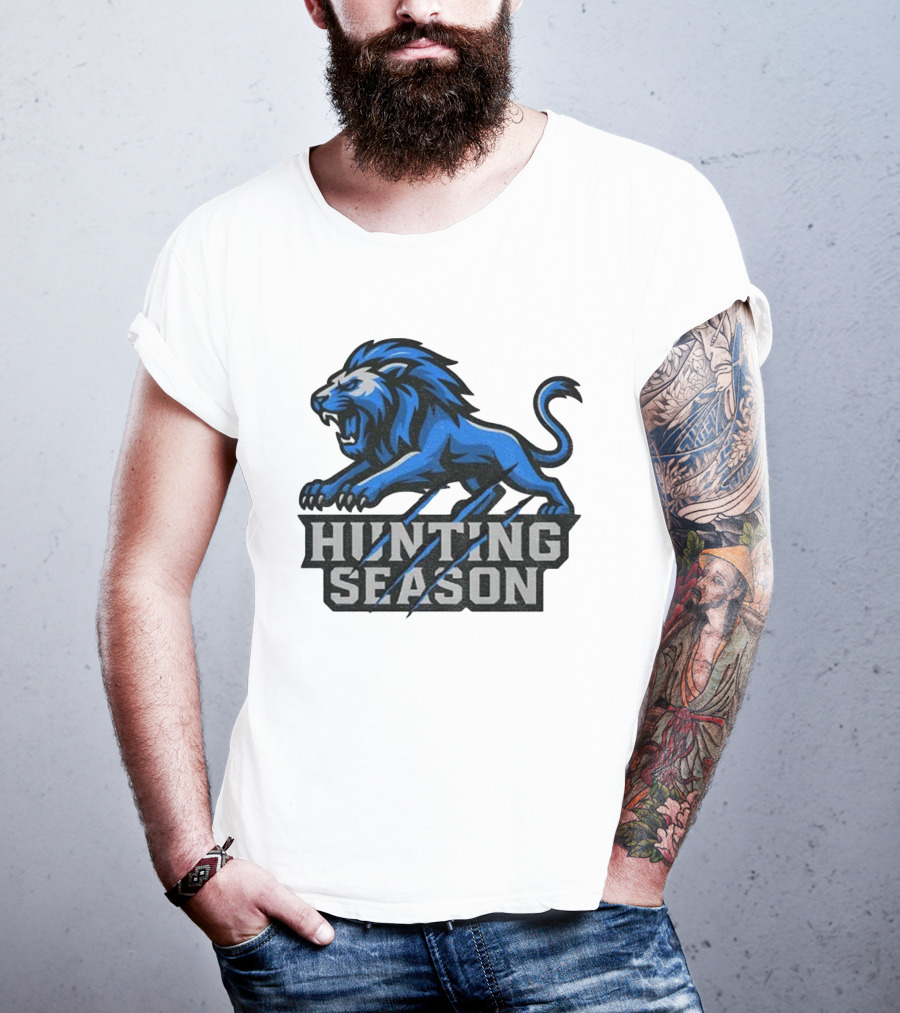 Detroit Lions Hunting Season Roaring Blue Lion NFL Fan Gear T-Shirt