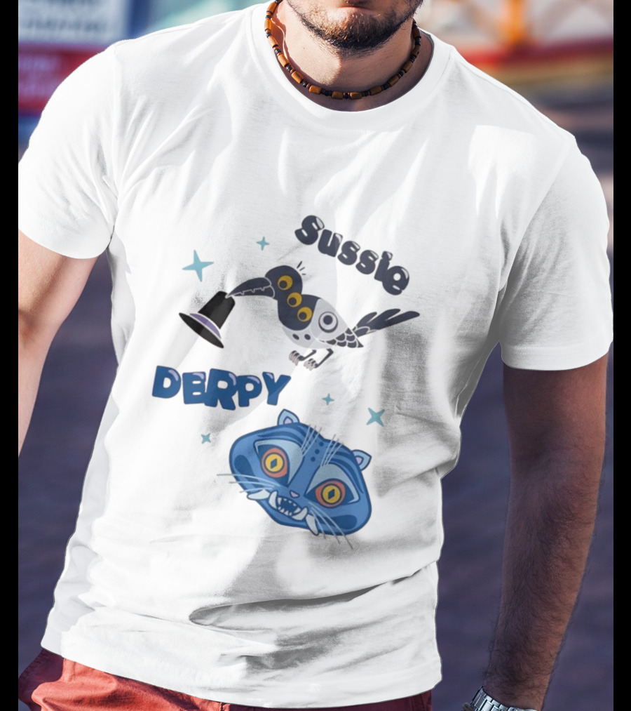 Sussie Derpy Cartoon Bird And Tiger Characters With Stars KPop Demon Hunters T-Shirt