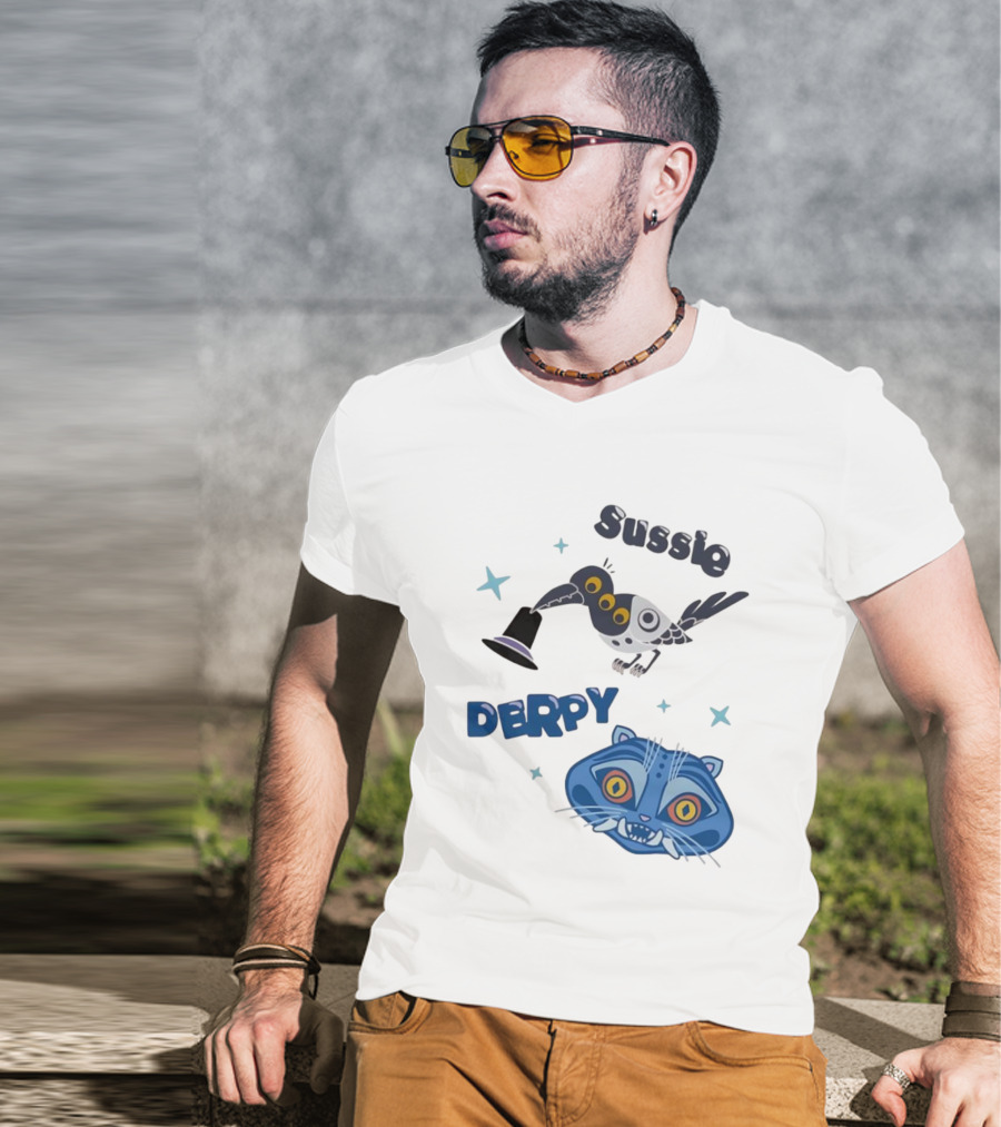 Sussie Derpy Cartoon Bird And Tiger Characters With Stars KPop Demon Hunters T-Shirt