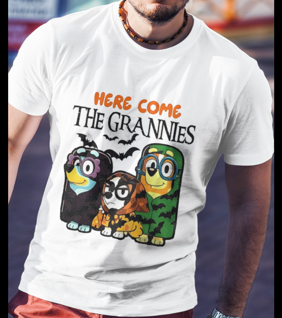 Here Come The Grannies Halloween Blue Dog Characters In Costumes T-Shirt
