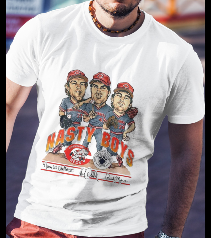 Cincinnati Reds Nasty Boys 37 43 28 Schottzie 02 Baseball Caricature T-Shirt