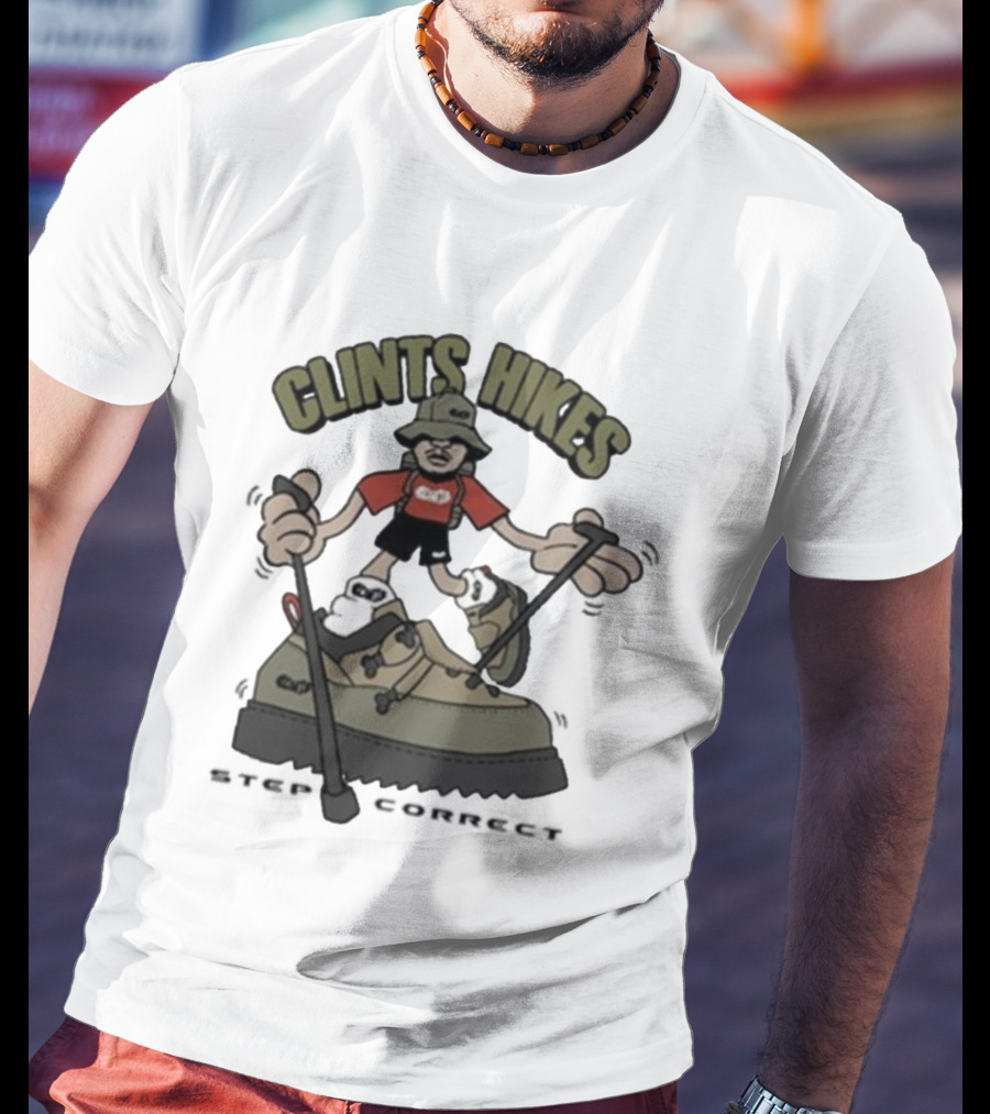 CLINTS HIKES Cartoon Hiker With Walking Sticks And Boots T-Shirt
