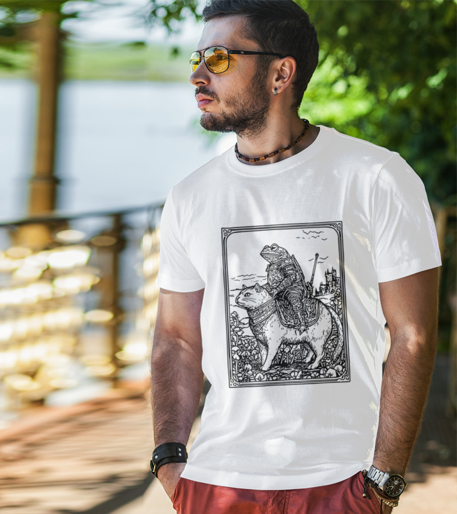 Medieval Frog Knight Riding A Cat In Armor Scene T-Shirt