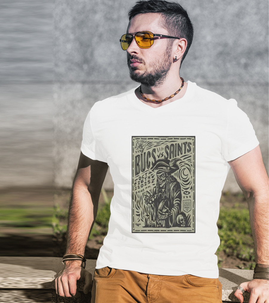 Bucs Vs Saints October 26 2025 4:05 P.M. 50 Seasons Pirate Skull Linocut T-Shirt