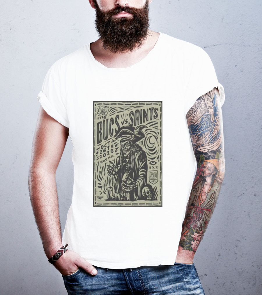 Bucs Vs Saints October 26 2025 4:05 P.M. 50 Seasons Pirate Skull Linocut T-Shirt
