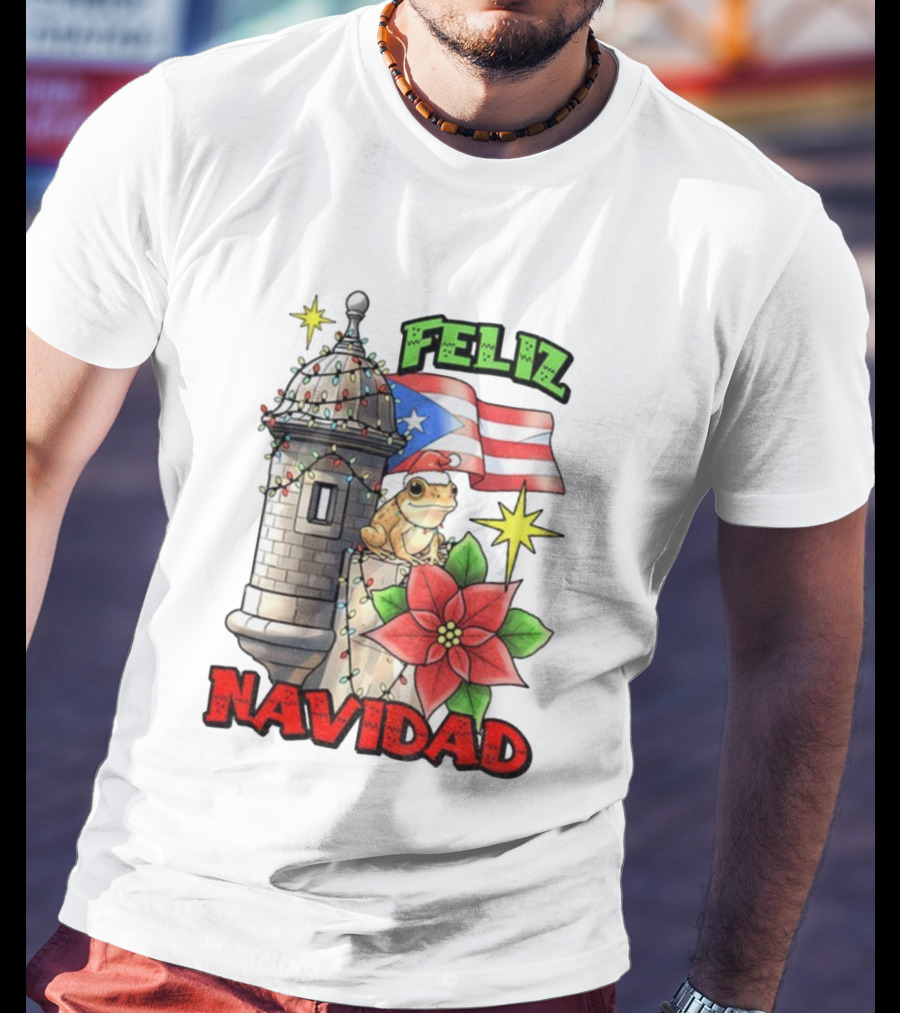 Puerto Rican Christmas Coqui Feliz Navidad Flag Poinsettia Lights T-Shirt