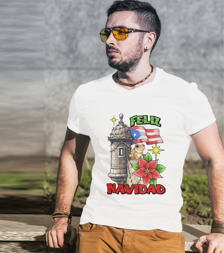 Puerto Rican Christmas Coqui Feliz Navidad Flag Poinsettia Lights T-Shirt