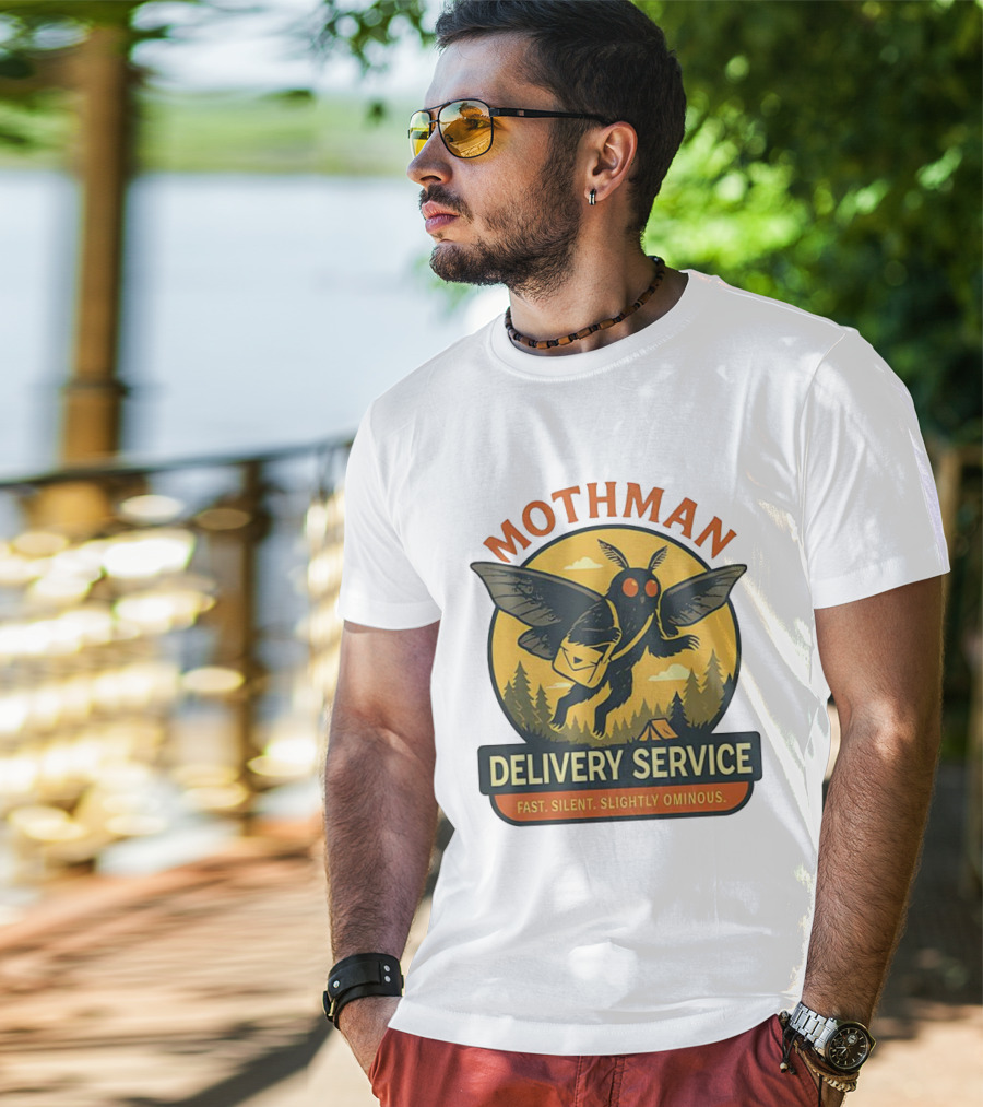 Mothman Delivery Service Fast Silent Slightly Ominous Retro Forest Imagery T-Shirt