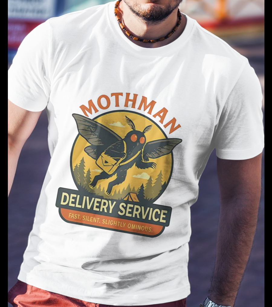 Mothman Delivery Service Fast Silent Slightly Ominous Retro Forest Imagery T-Shirt