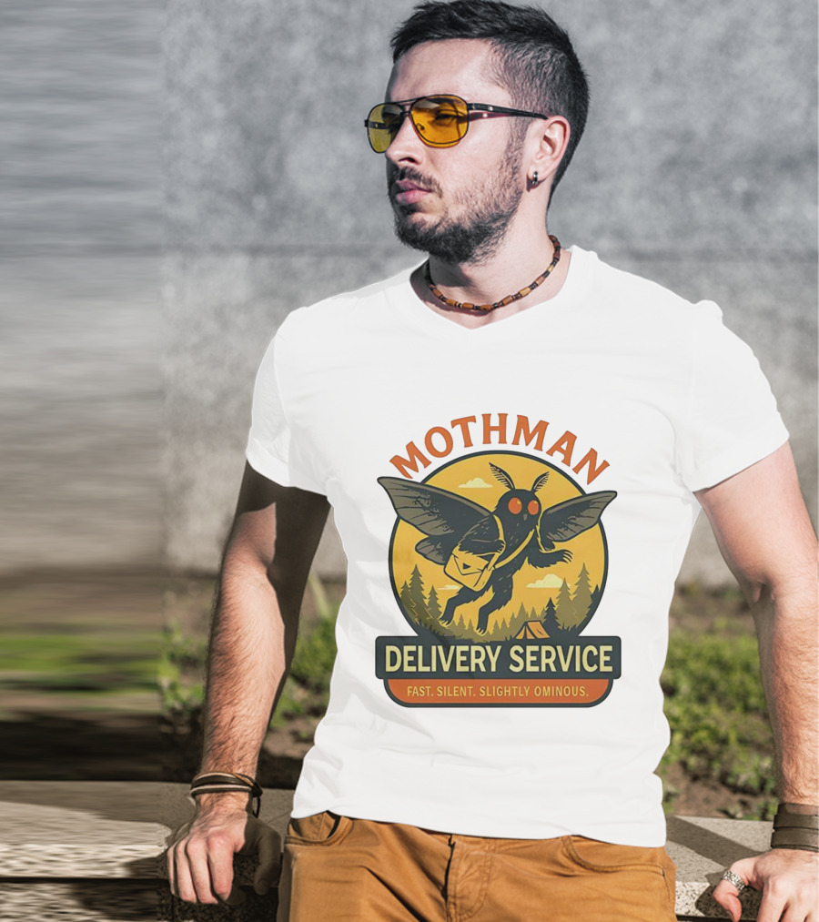 Mothman Delivery Service Fast Silent Slightly Ominous Retro Forest Imagery T-Shirt