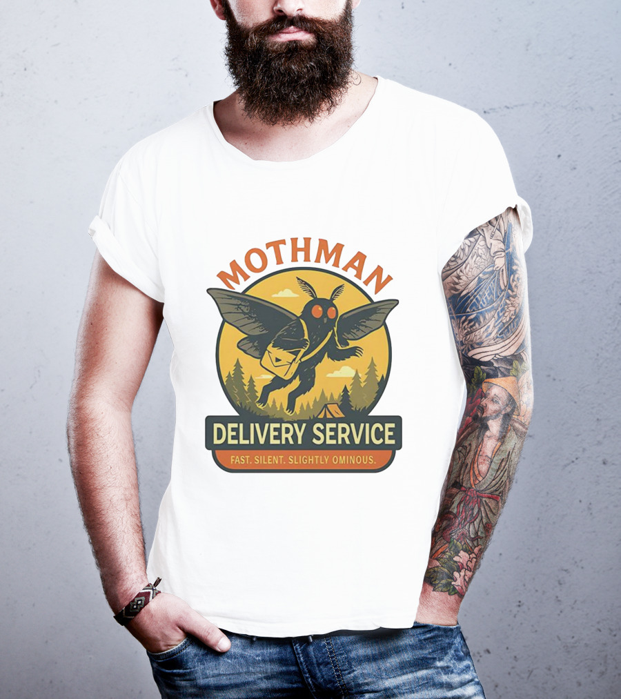 Mothman Delivery Service Fast Silent Slightly Ominous Retro Forest Imagery T-Shirt