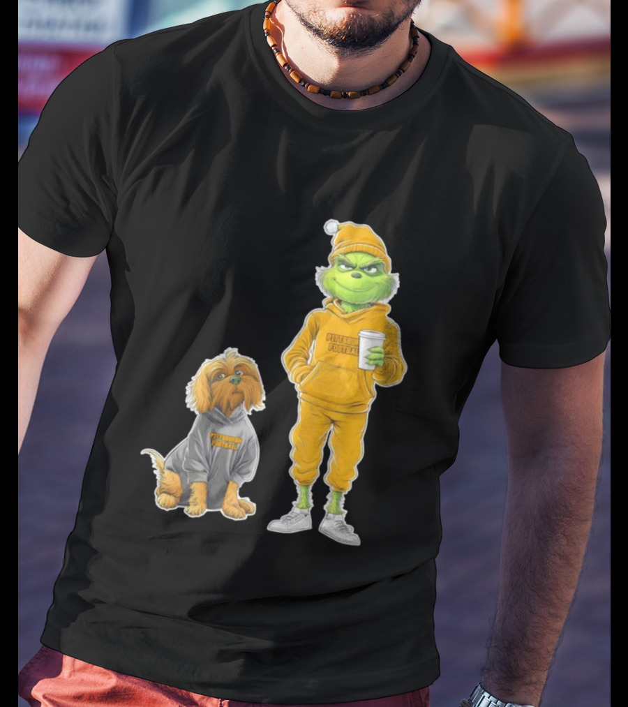 Pittsburgh Football Green Monster Grinch And Dog Christmas T-Shirt
