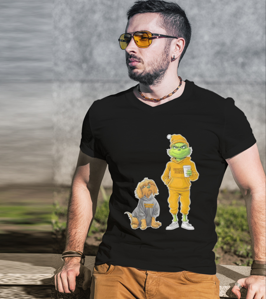 Pittsburgh Football Green Monster Grinch And Dog Christmas T-Shirt