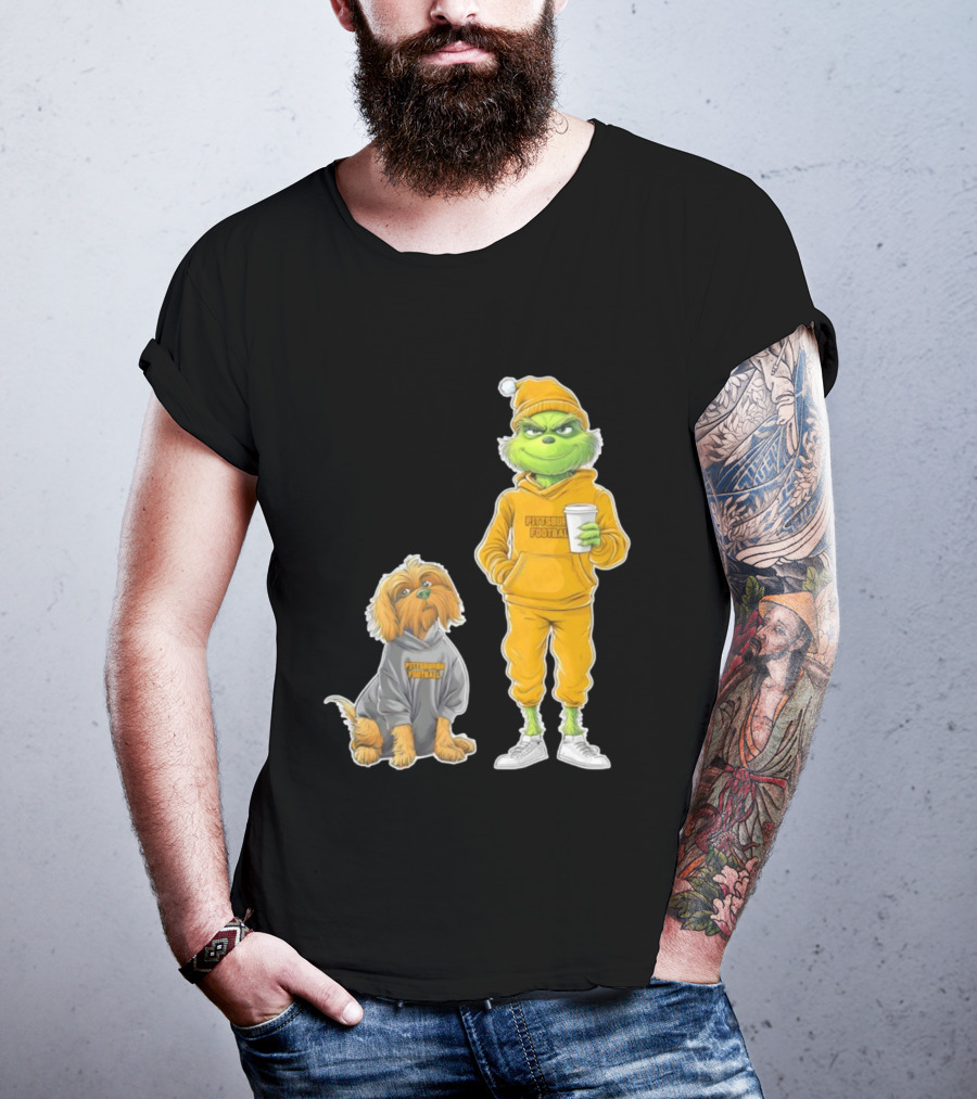 Pittsburgh Football Green Monster Grinch And Dog Christmas T-Shirt