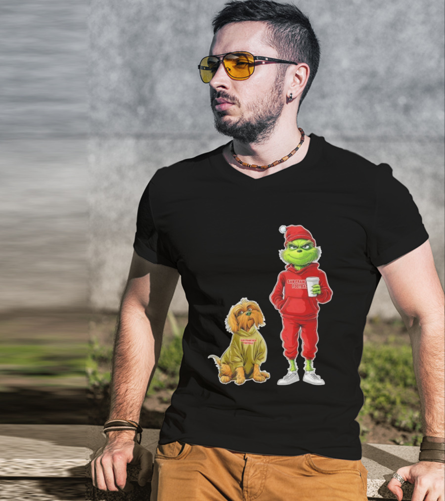 San Francisco Football Grinch And Dog Christmas 49ers Holiday T-Shirt