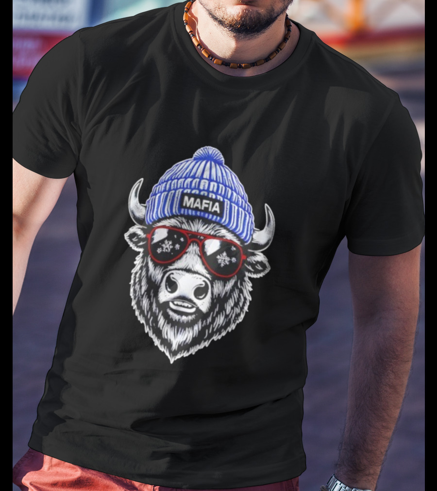 Buffalo Bills Mafia Winter Holiday Snowflake Sunglasses Knitted Hat Football Game Day T-Shirt