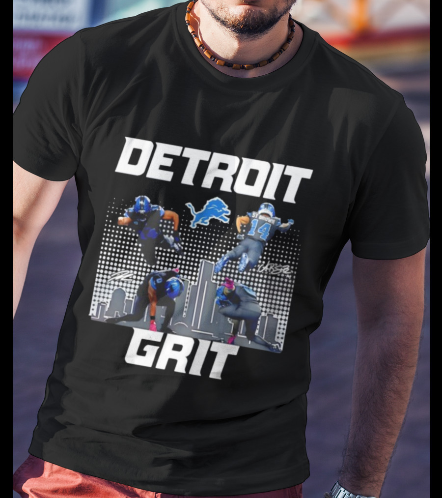 Detroit Grit Super Heroes Lions Skyline Football签名 T-Shirt