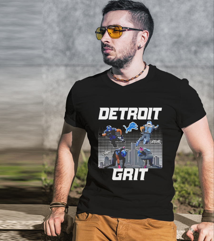 Detroit Grit Super Heroes Lions Skyline Football签名 T-Shirt