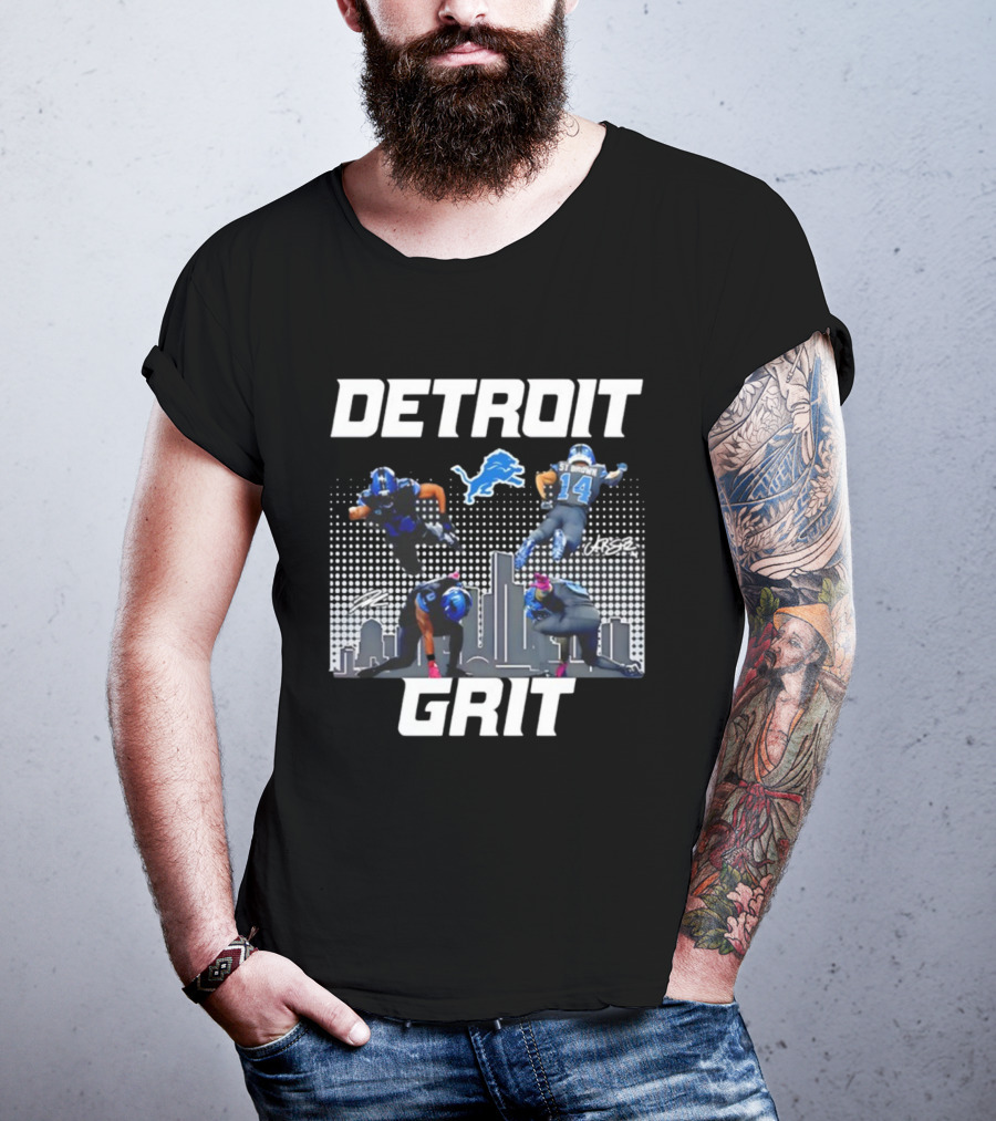 Detroit Grit Super Heroes Lions Skyline Football签名 T-Shirt