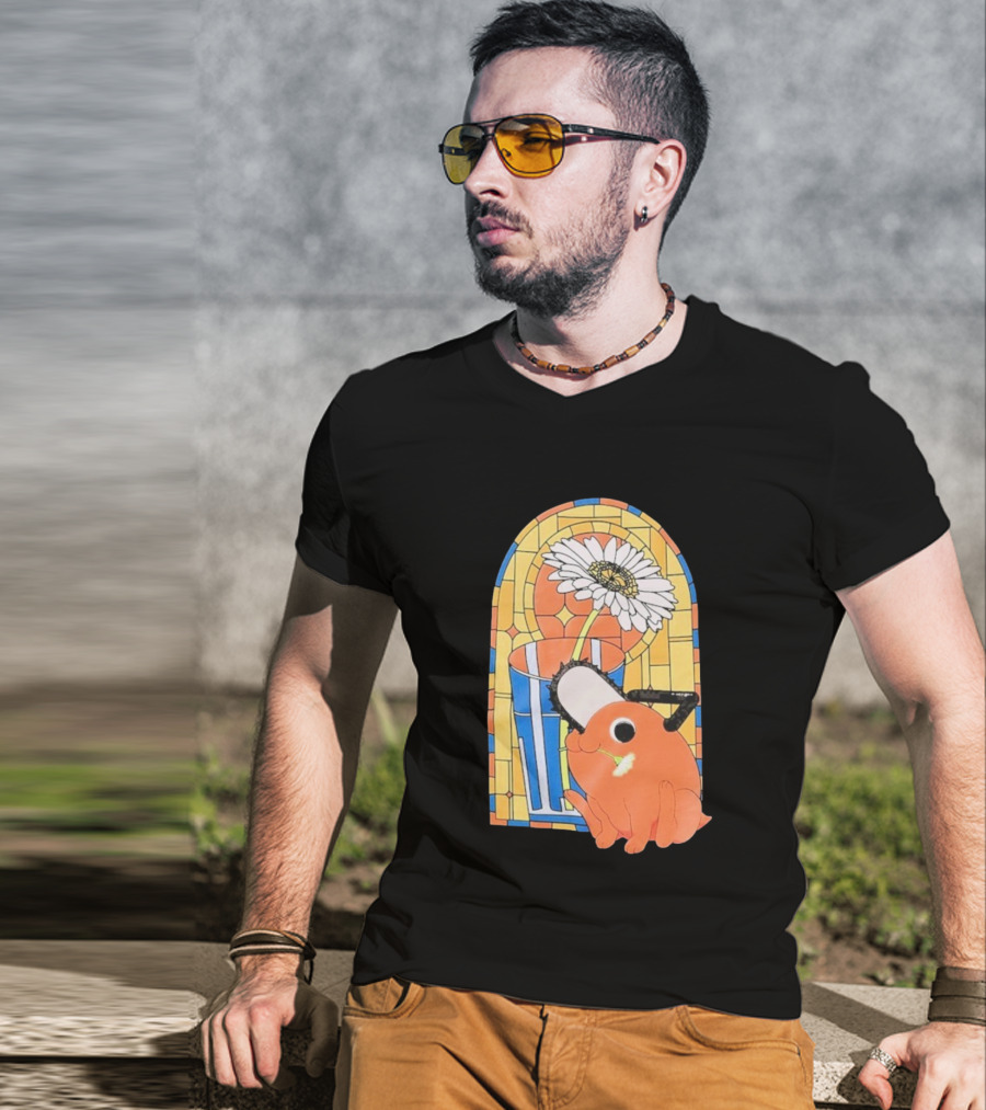 Chainsaw Man Pochita Stained Glass Flower And Chainsaw T-Shirt
