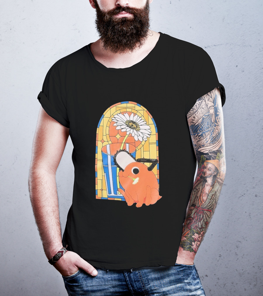 Chainsaw Man Pochita Stained Glass Flower And Chainsaw T-Shirt