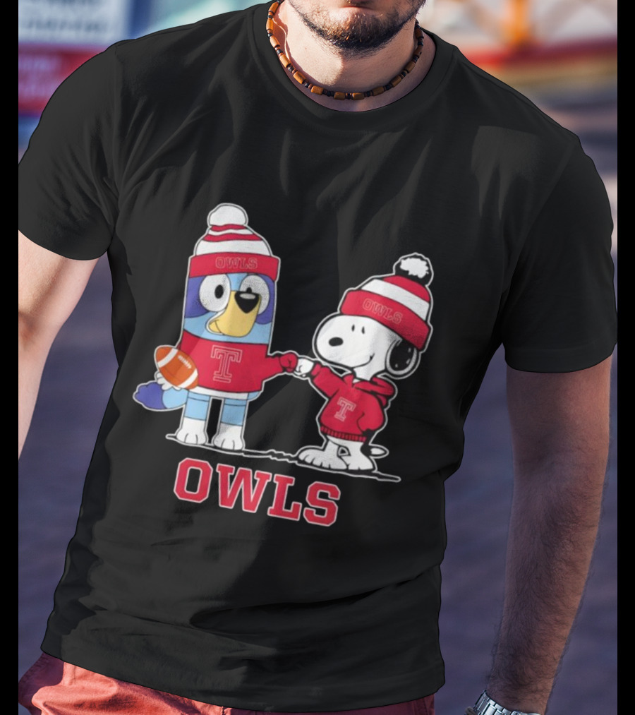 Snoopy Bluey Temple Owls Football Collaboration T-Shirt